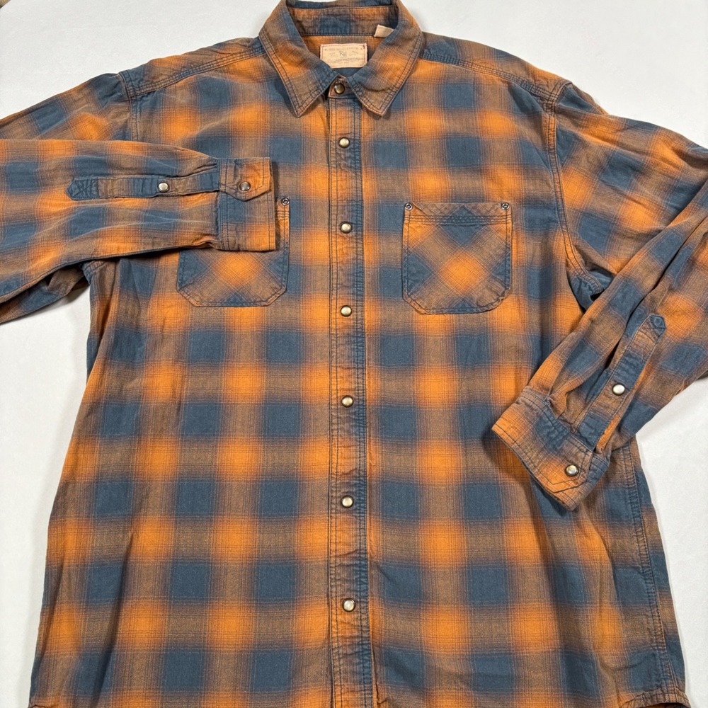 Red Head Ranch Flannel Shirt Mens Large Orange Blue Plaid Snap Button Workwear - Picture 2 of 11